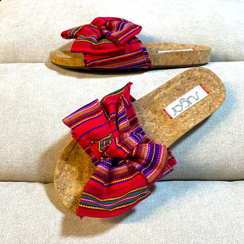 NIB 6.5 linen red stripe bow top cork flats Sugar Xenonc brand new